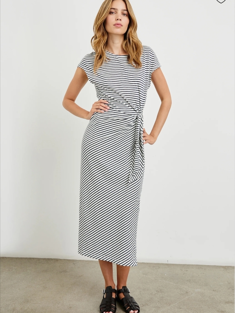 Rails Selah Cotton Tie Front Ivory Navy Micro Stripe Midi Dress